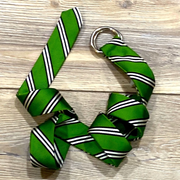 NWT J. CREW 100% Silk Tie Green Black Striped D Ring Belt S/M - 41”